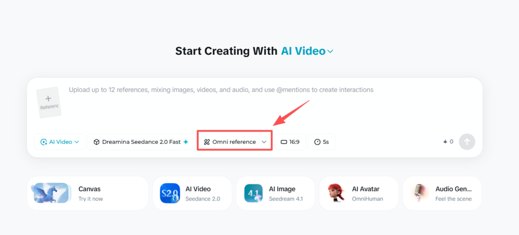 You can use @mentions prompts to generate videos by selecting the Seedance 2.0 Omni Reference.