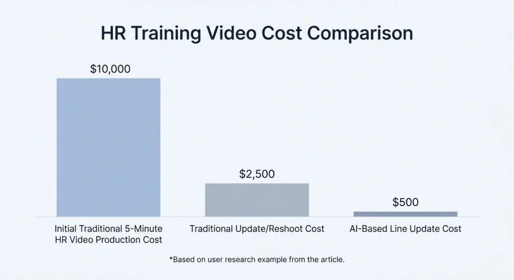 Bar chart comparing HR training video costs: $10,000 for initial traditional production, $2,500 for traditional update, and $500 for AI-based line update.