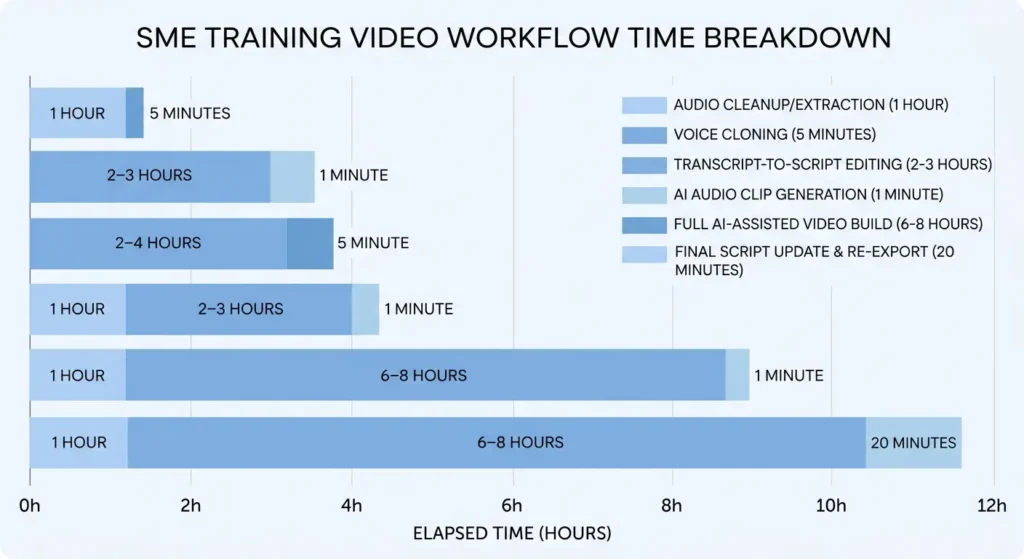 SME training video production steps, including 1 hour cleanup, 5 minutes voice cloning, 2–3 hours script editing, 1 minute audio generation, 6–8 hours build time, and 20 minutes final update.