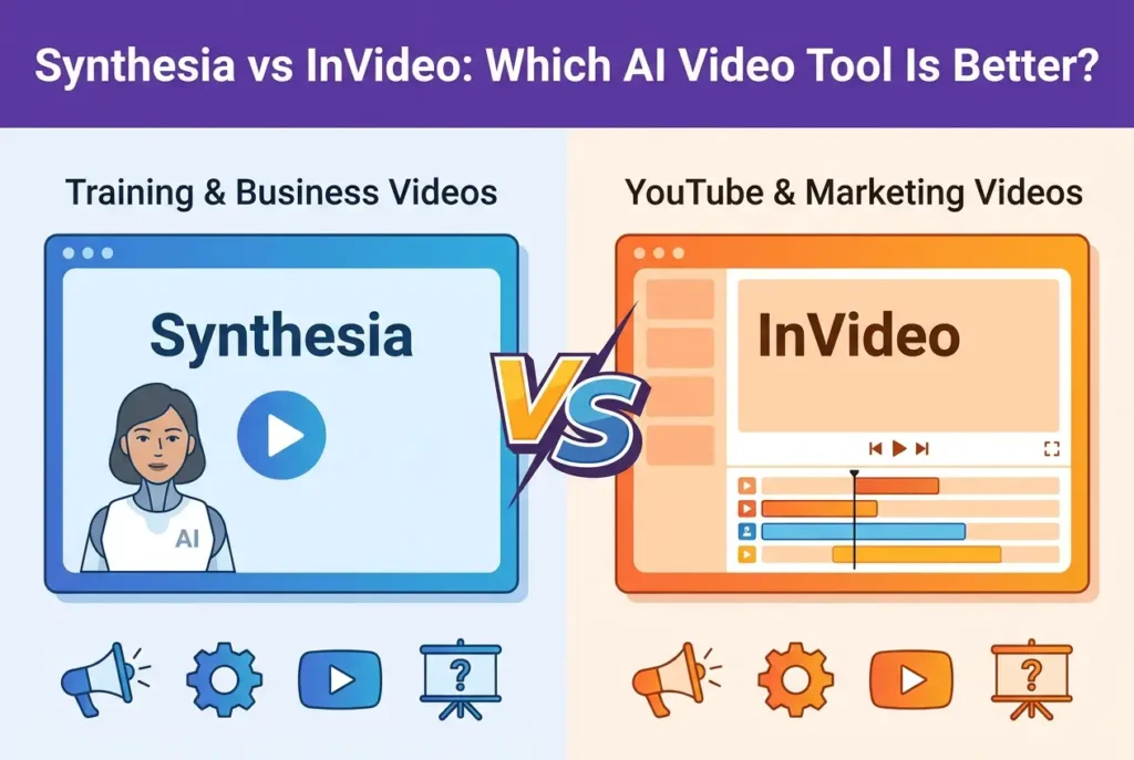 Synthesia vs InVideo Which AI Video Tool Is Better for Training, YouTube, Marketing, and Business Videos